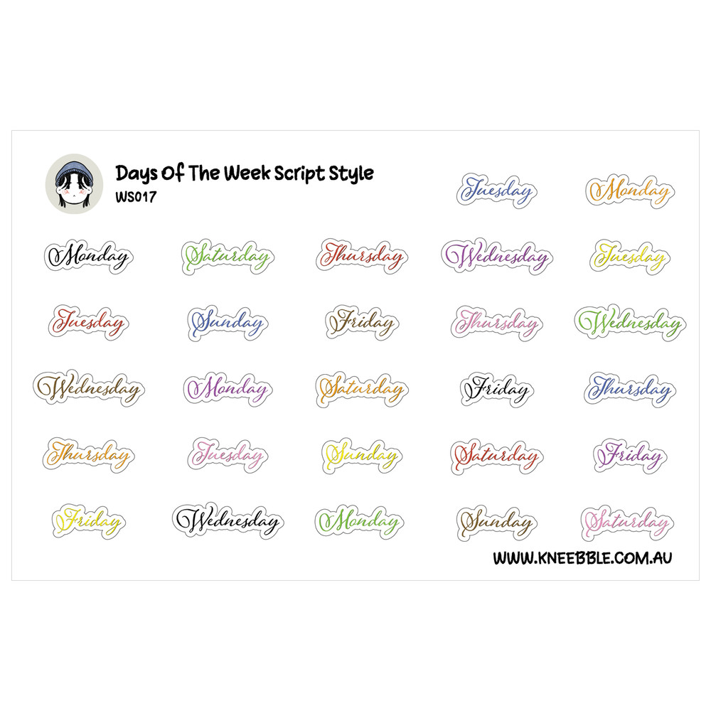 Days Of The Week Planner Stickers – Text Cursive Script Style