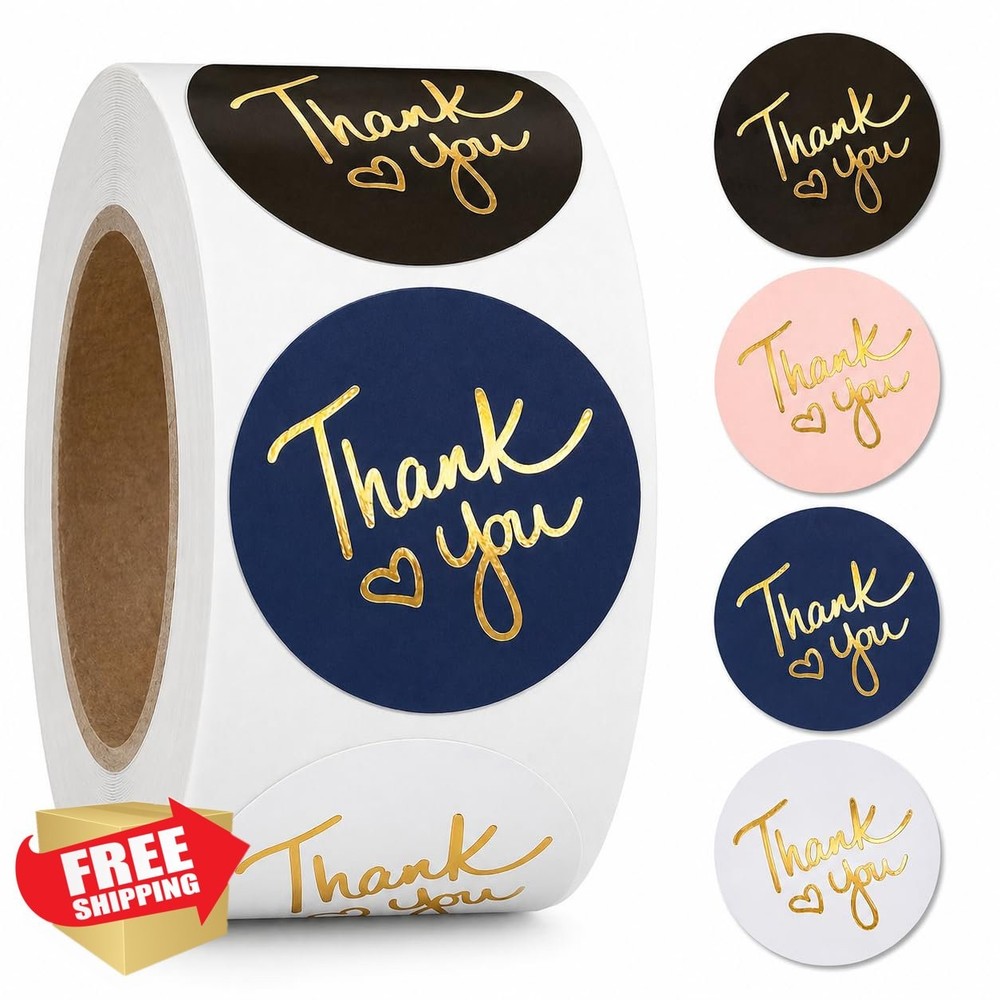Thank You Stickers 500 Roll, Black Gold 1.5″ Round Labels, Small Business