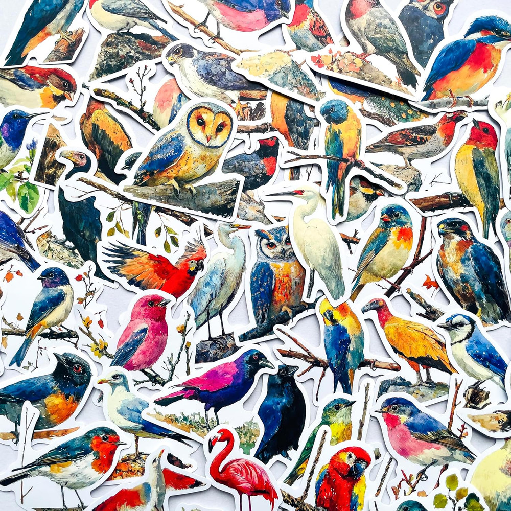 50Pcs Vintage Watercolor Bird Stickers – Aesthetic Nature Wildlife Stickers for