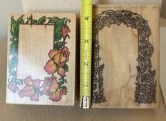 NEW WOOD MOUNT RUBBER STAMP SET OF 2 ROSE FRAME & FLOWER TRELLIS SCRAPBOOKING