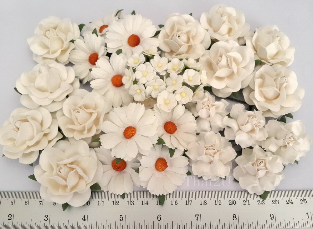45 Assortment WHITE Paper Flower Wedding bouquet Scrapbook TH/ZM7-15