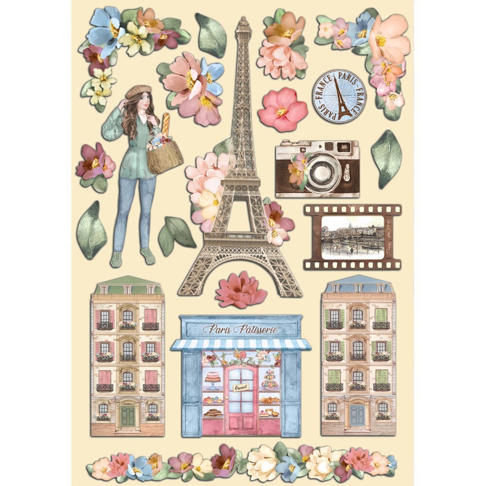 Stamperia OH LA LA – A5 COLOURED WOODEN SHAPES, Eiffel Tower, Flowers Patisserie