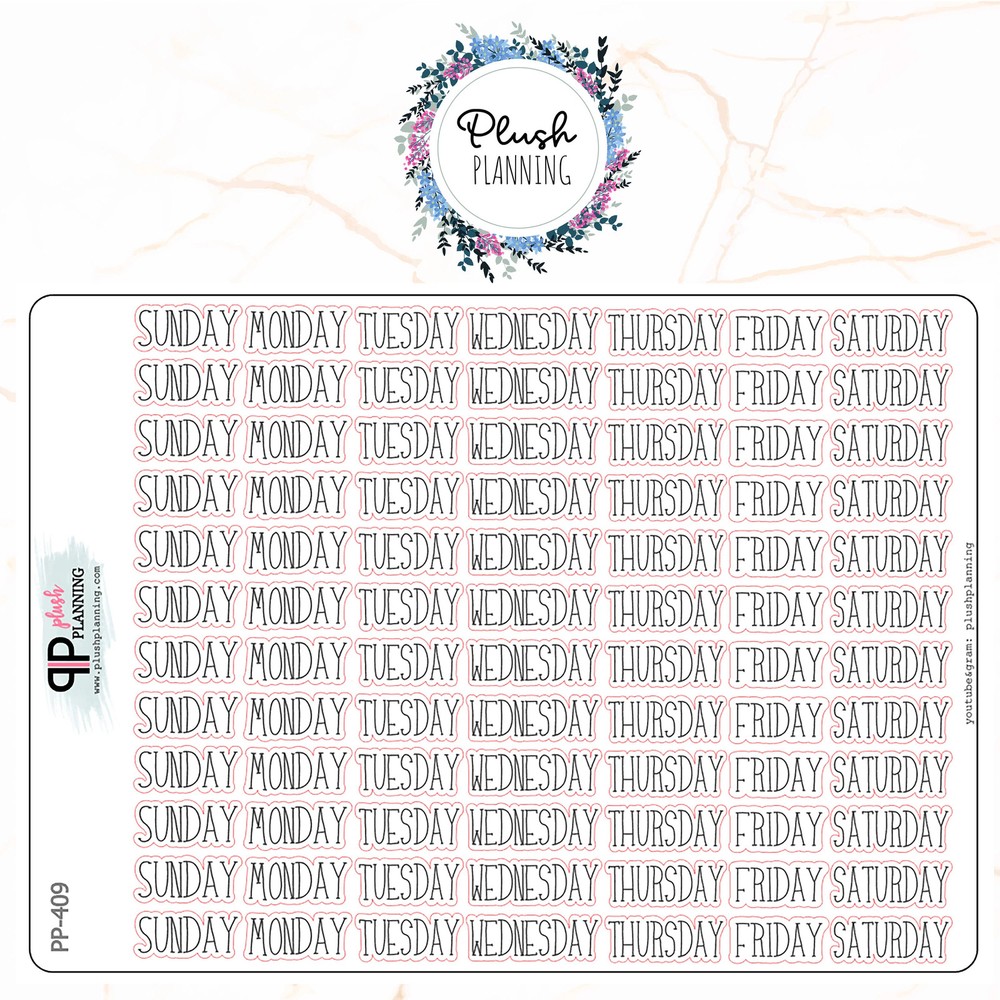 Days of the Week Script Planner Stickers, Plush Planning