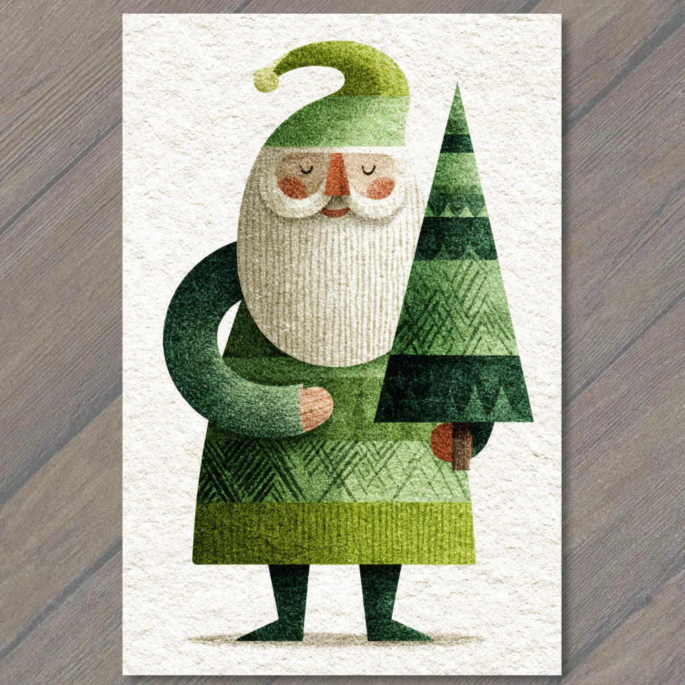 STICKER Green Santa Claus Holding Christmas Tree Modern Minimal Holiday Style