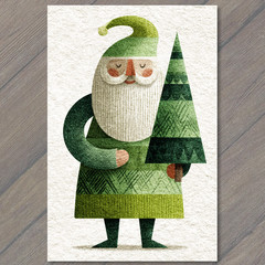 STICKER Green Santa Claus Holding Christmas Tree Modern Minimal Holiday Style
