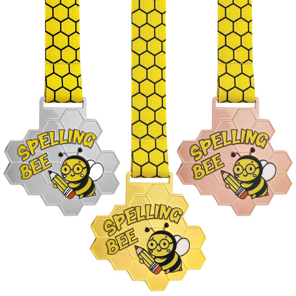 3 PCS Spelling Bee Medals Honeycomb Gold Silver Bronze Trophy Awards Ribbon