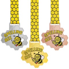 3 PCS Spelling Bee Medals Honeycomb Gold Silver Bronze Trophy Awards Ribbon