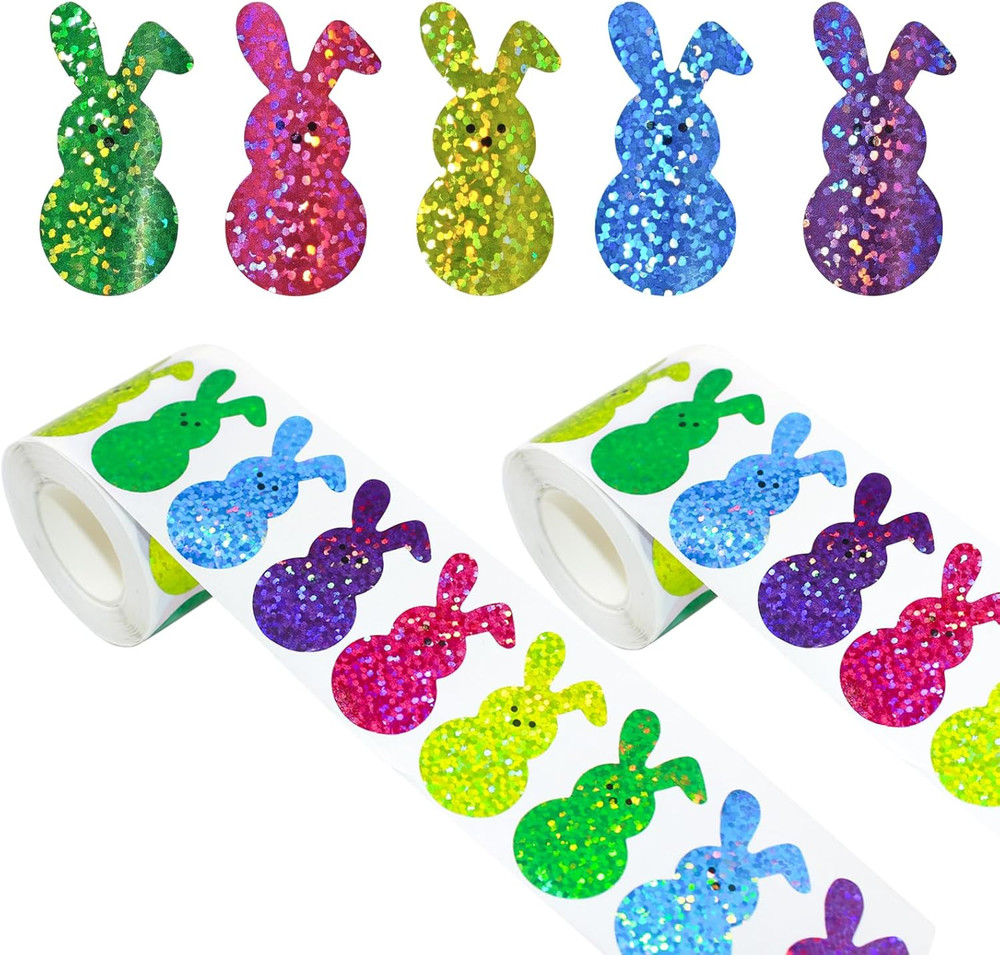 2 Rolls 1000 Pcs Holographic Easter Bunny Sticker Seals 1.5 X 0.8 In