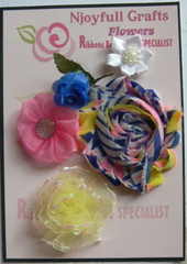 BLUE YELLOW PINK WHITE MIXED-Fabric Organza Flowers 15-65mm 5 Flower Pk O5 C NJC
