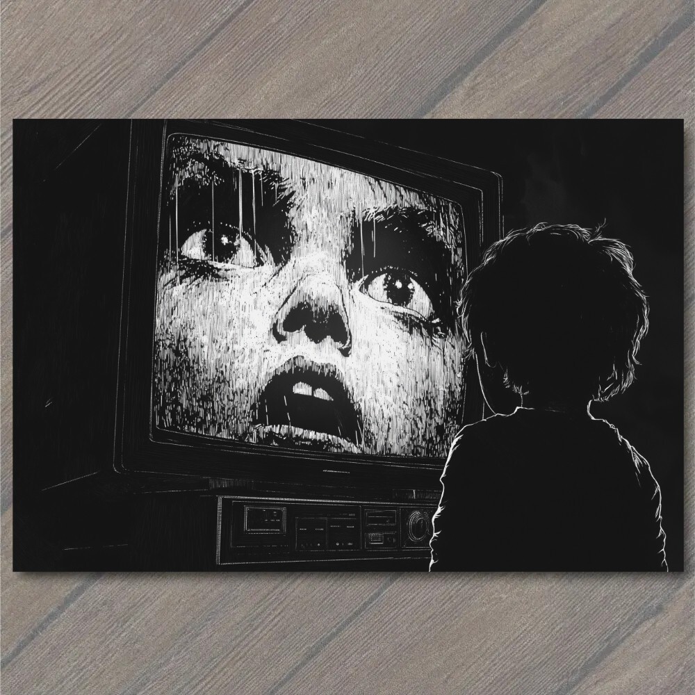 STICKER Girl Staring TV Set Haunted Eyes Look Child Black Horror Creepy Weird