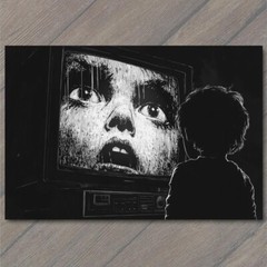 STICKER Girl Staring TV Set Haunted Eyes Look Child Black Horror Creepy Weird