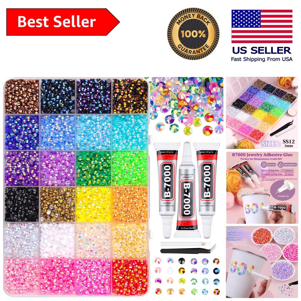 34000Pcs Multicolor 3mm Resin Rhinestones Bedazzling Kit with Glue Set