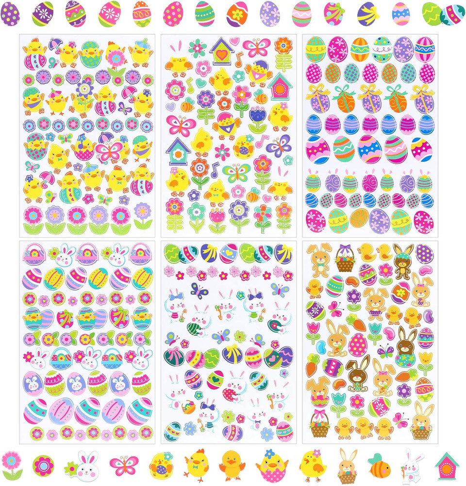 300 PCS Assorted Bunny Mini Stickers for Easter Party Favor DIY Craft Art, 6-Pac