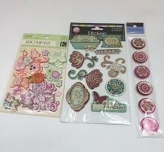 Lot of 3 Floral embellishment stickers, K&Co, Handmade, Recollections new