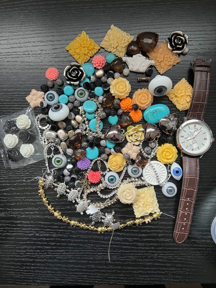 Mixed Media Metal Plastic Flowers Jewelry Glass Eyes Embellishments Lot