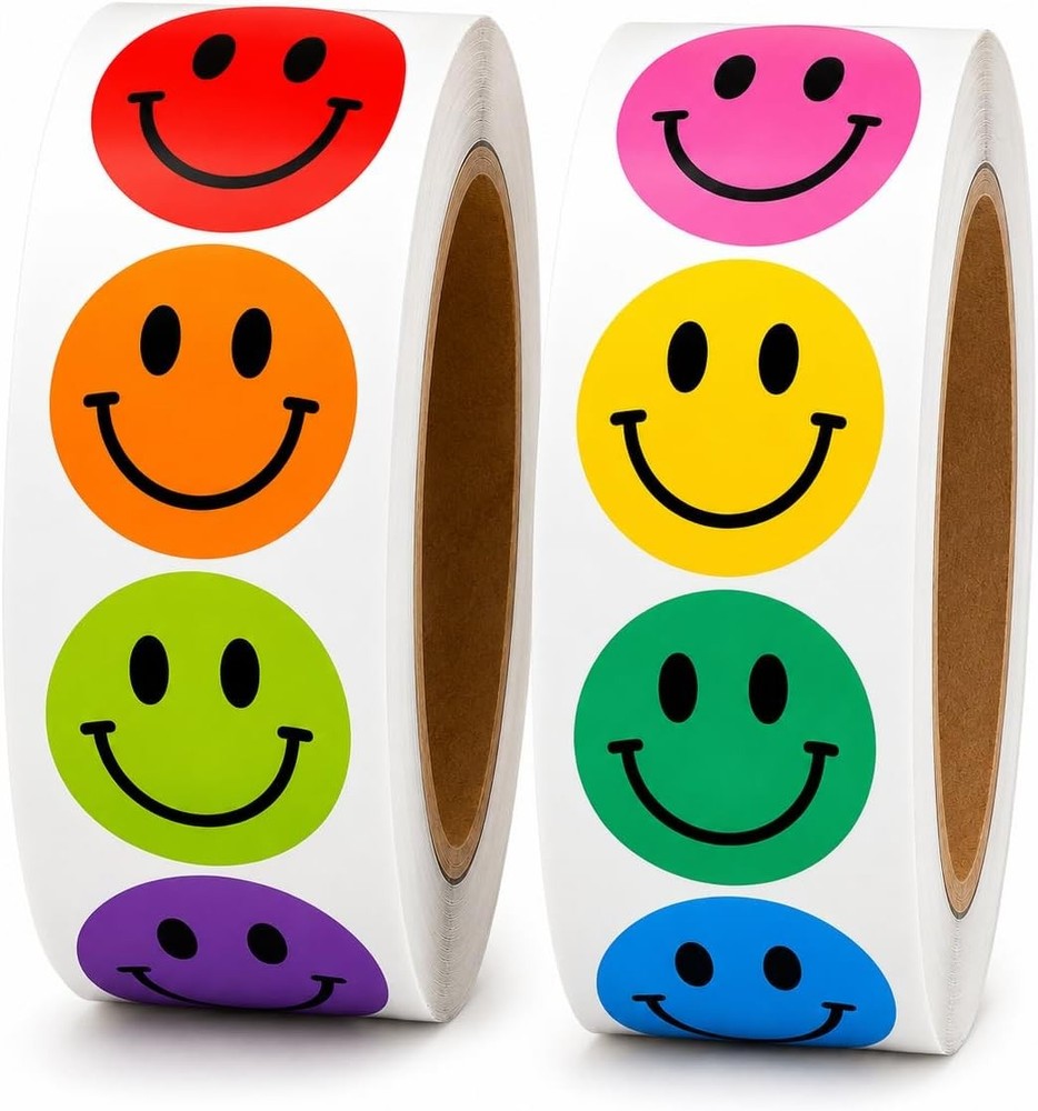 1000PCS Multi-Color Smiley Face Stickers 1 Inch – 2 Rolls of 500 Happy Face L…