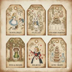 Set Of 12 Alice In Wonderland Tags Embellishments Junk Journal Scrapbook