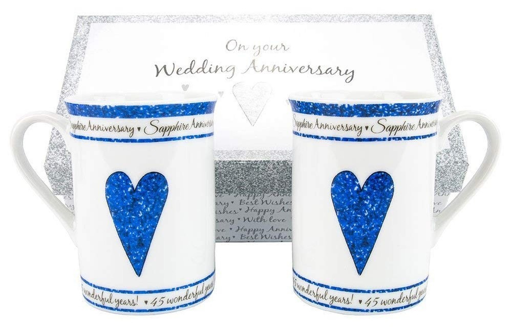 Beautifully Designed 45th Sapphire Wedding Anniversary Set of Ceramic Mugs wi…