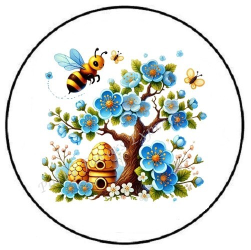 BLUE TREE WITH FLOWERS AND BEE ENVELOPE SEALS LABELS STICKERS PARTY FAVORS