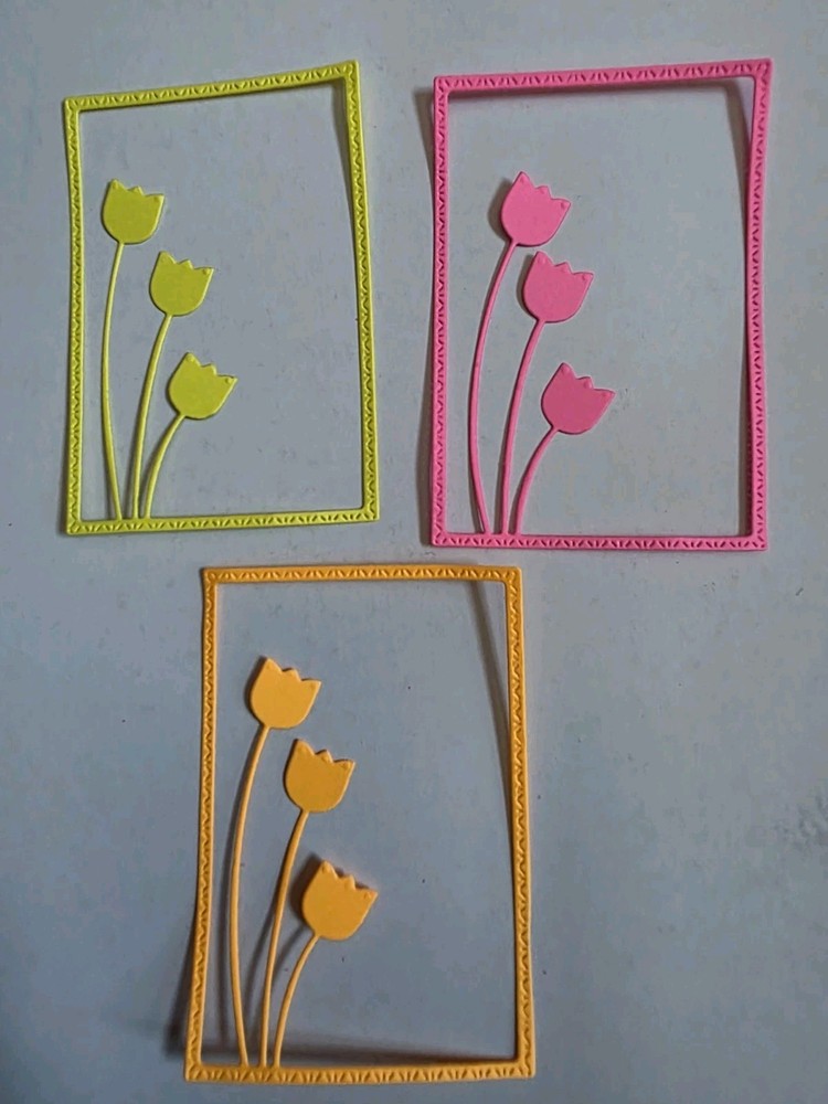 3pcs. Small Bright Color Tulips cardstock Die cut fancy frames 2 7/8″×4″.