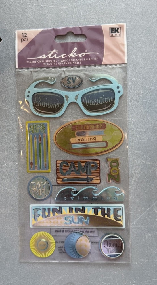 EK Success Sticko Summer Vacation Dimensional Scrapbook Stickers 12 Pc NIP
