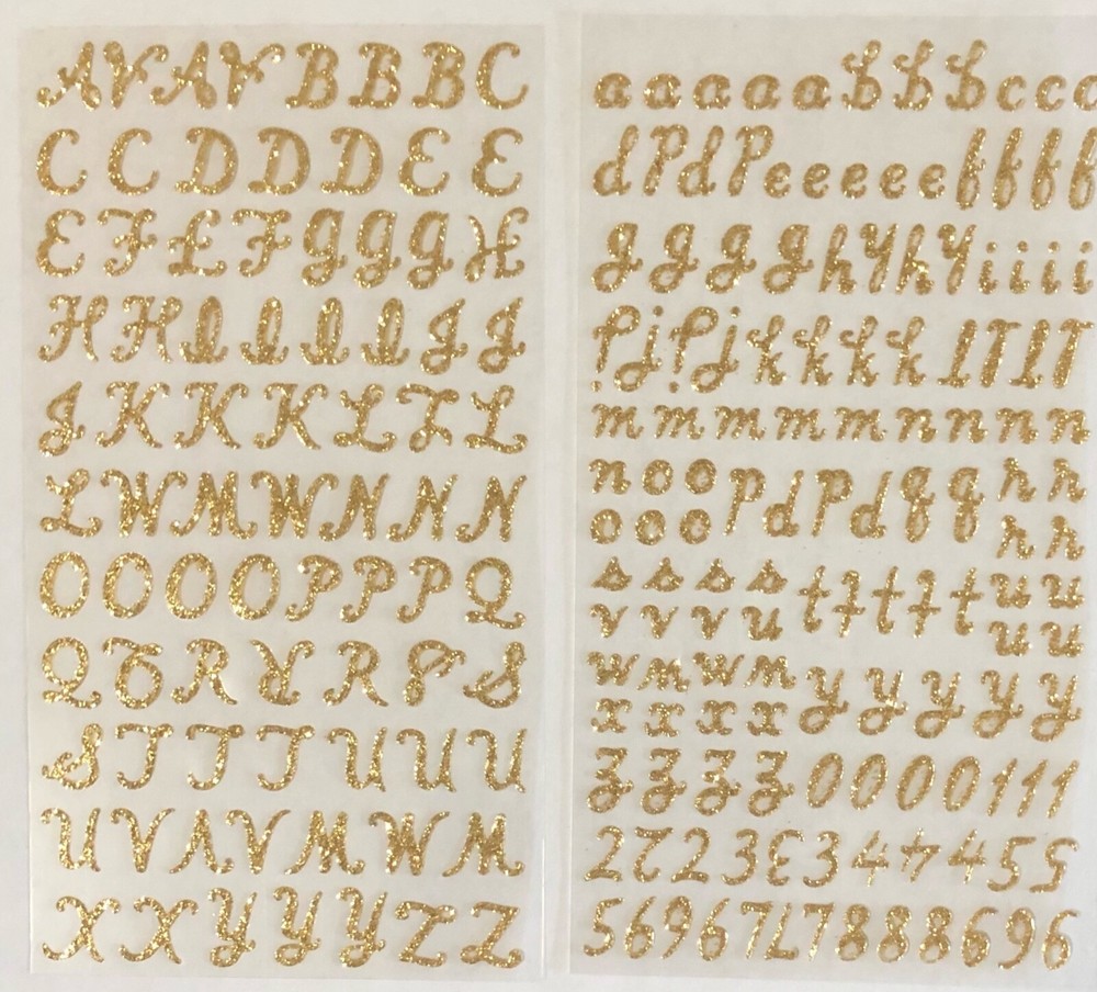 Two sheets Gold Glittered Script Numbers Letters Alphabet Scrapbook Stickers