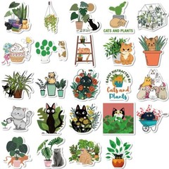50pcs Cat And Plant Sticker, Cut Cat, water bottle laptop Waterproof, 129