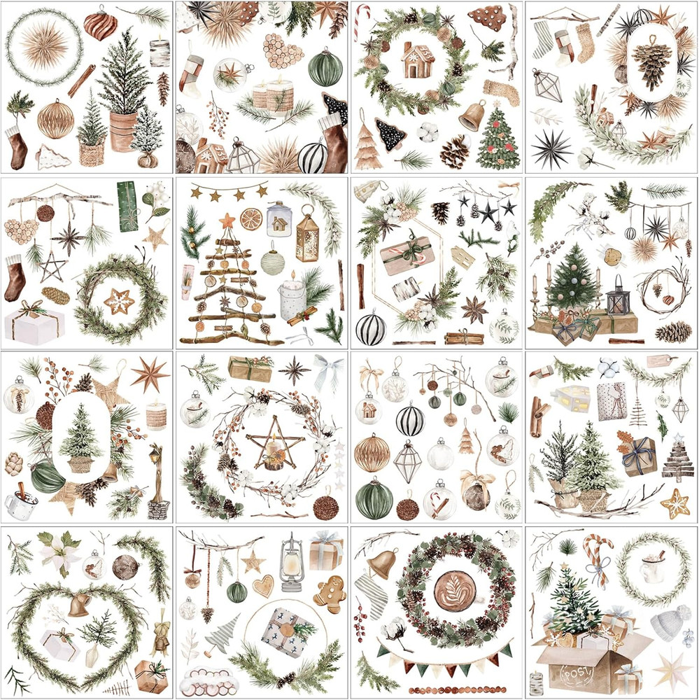 16 Sheets Rustic Christmas Rub on Transfers for Crafts Xmas Tree Wreath Ball Soc