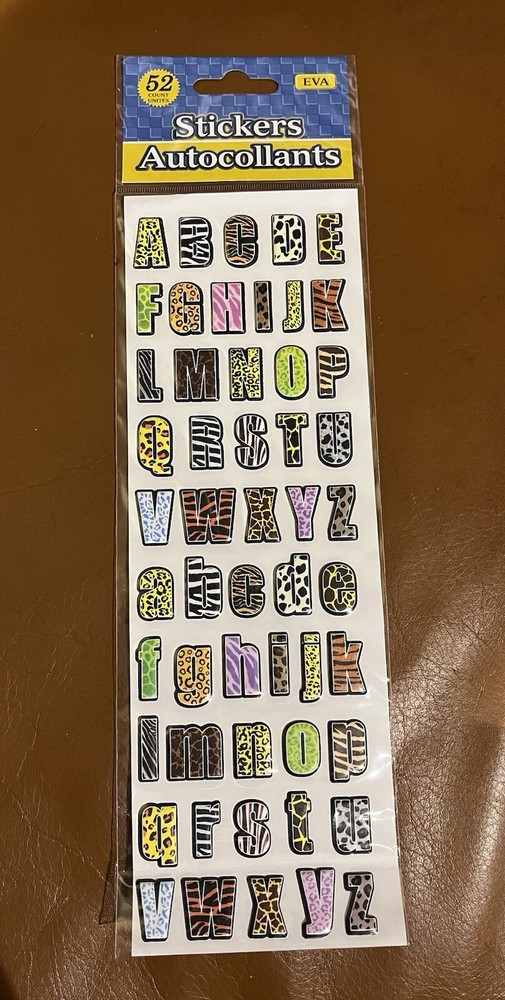 Alphabet Stickers Autocollants – Puffy Animal Patterns – Multi Colors – 52 Count