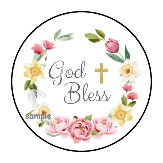 30 GOD BLESS ENVELOPE SEALS LABELS STICKERS 1.5″ ROUND FLOWERS FLORAL CROSS