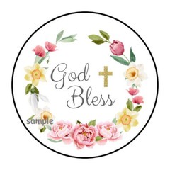 30 GOD BLESS ENVELOPE SEALS LABELS STICKERS 1.5″ ROUND FLOWERS FLORAL CROSS