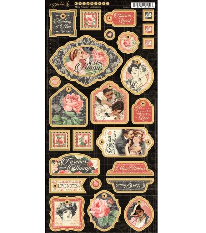 Graphic 45 MON AMOUR Chipboard Tags Motif Icons Love Romance Mixed Media