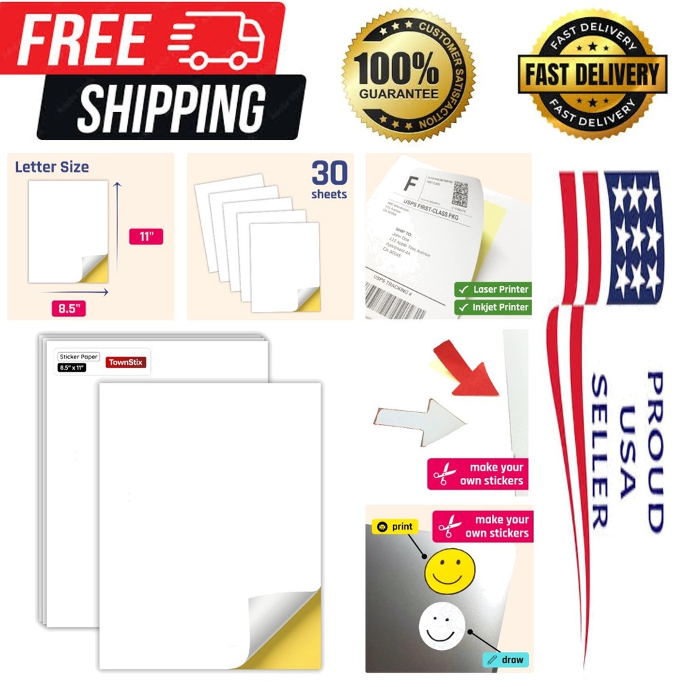 Self-Adhesive White Sticker Paper, 30 Sheets, 8.5″ x 11″ – Smudge-Free Printing
