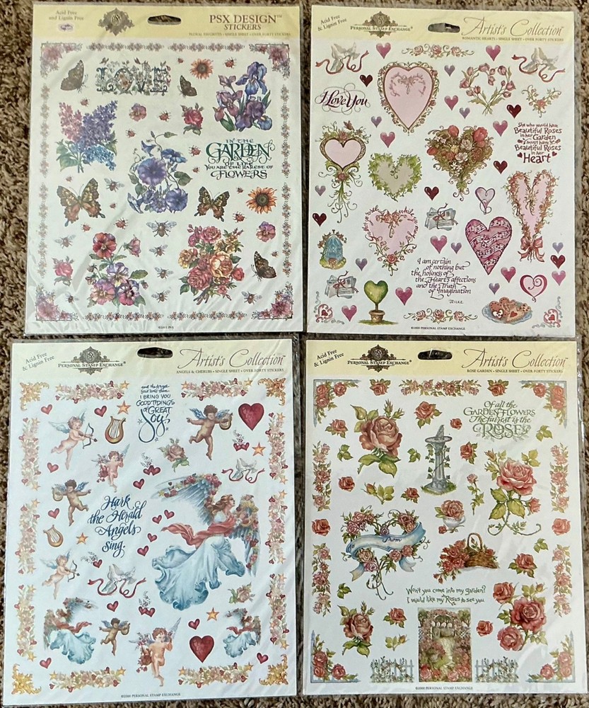 NEW Sealed Vintage Old Stock 4 PSX Sticker Sheets FLOWERS HEARTS ANGELS ROSES