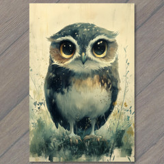 STICKER Wide Eyed Owl Tall Grass Watchful Bird Neutral Brown Beige Gray