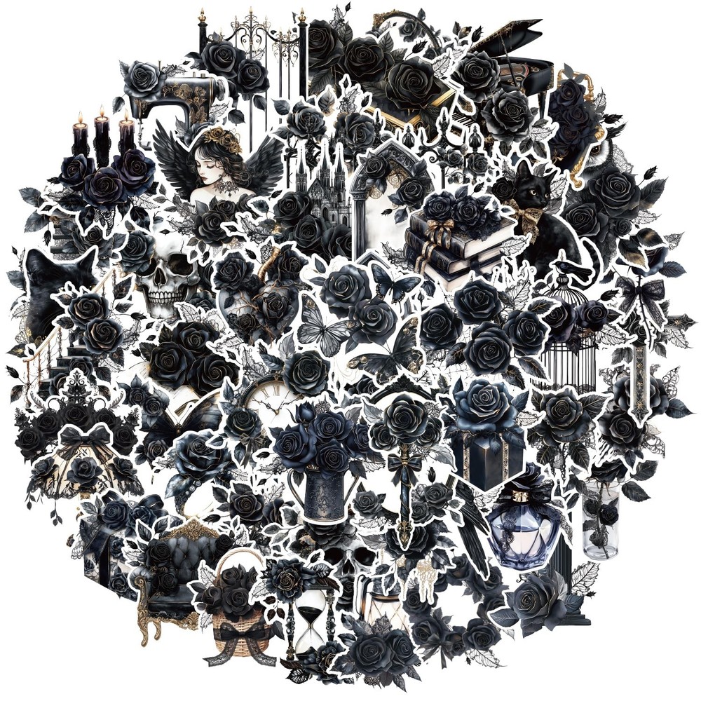 50pcs Dark Rose Stickers, Black Flower Romance Stickers Pack Transparent PET …