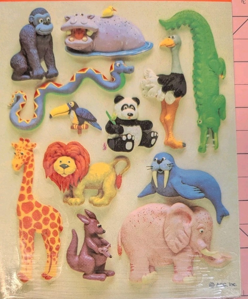 Vintage Stickers American Greetings Jungle Clay Animals Mayan Panda Hippo Sheet