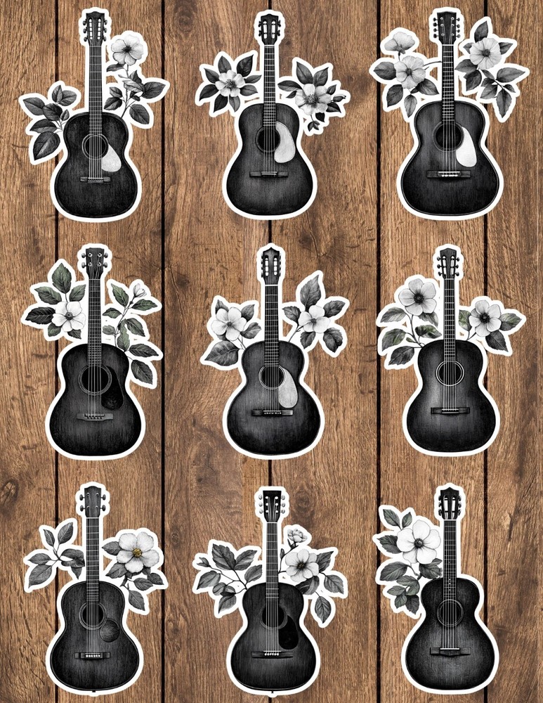 Black and White Guitar Vinyl Stickers Set Scrapbooking Laptop Waterbottle