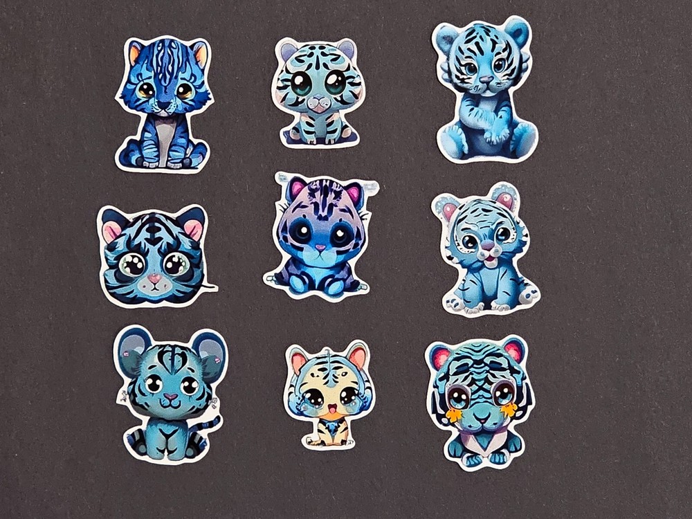Blue Tiger Kawaii Sticker’s. 9 pack