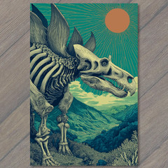STICKER Stegosaurus Skeleton Mountains Landscape Bones Sky Green Blue Orange S