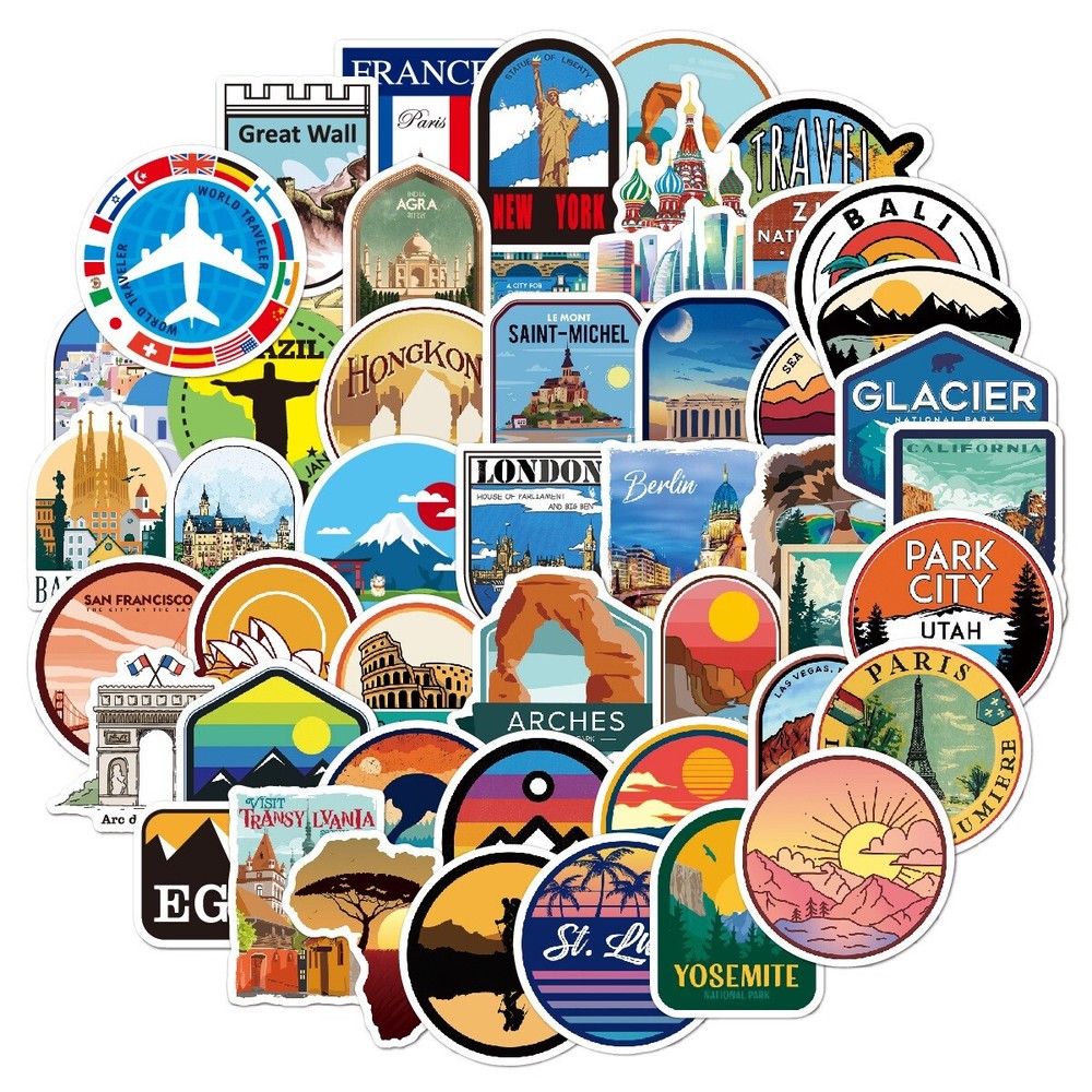 50pcs Architecture Stickers, History Monument Buildings Cultural Symbols 081