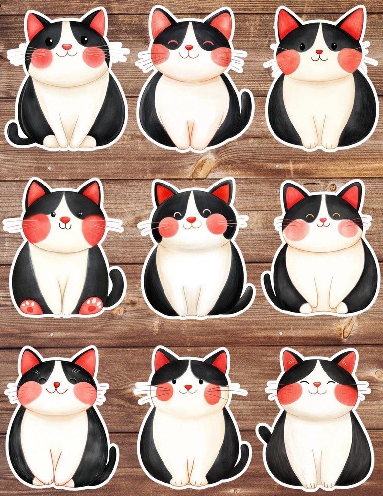 Kawaii Black and White Cat Vinyl Stickers Set Scrapbooking Laptop Waterbottle