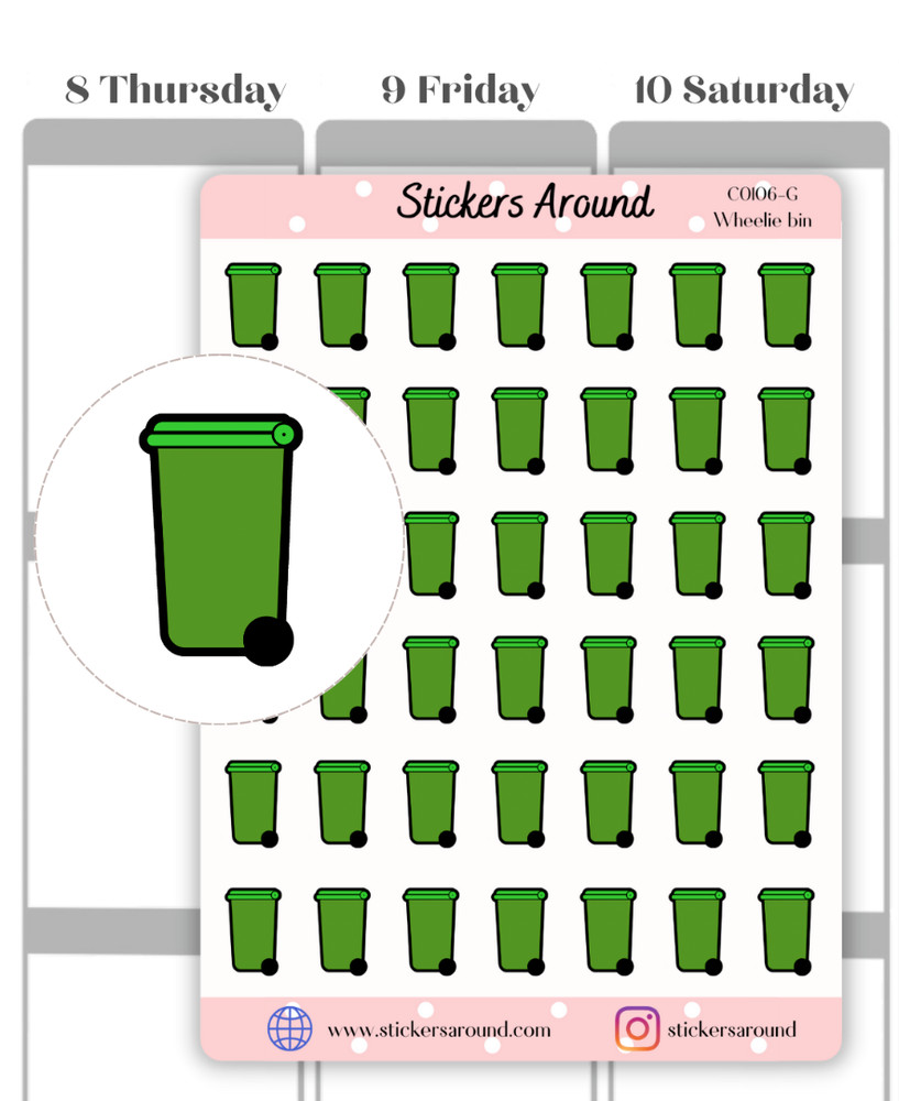 Green Wheelie Bin Icon Planner Sticker, Garden Bin Sticker for Calendar, C0106-G