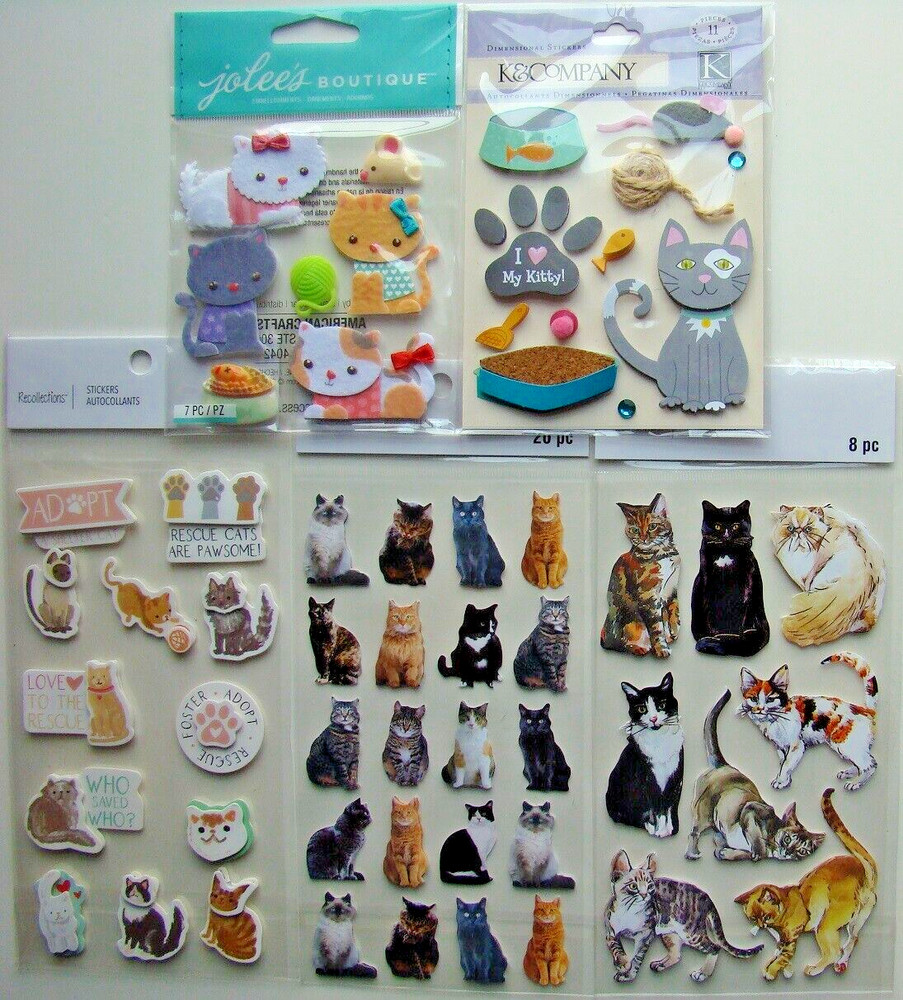 CAT LOT OF 5 Stickers Jolee’s K&C Recollections NEW! paw yarn kitty fish dish