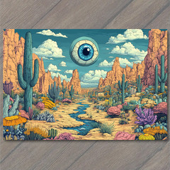 STICKER Cactus Desert Floating Eyeball Surreal Landscape Clouds Weird Art