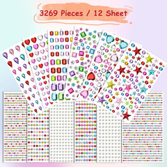 3269PCS Rhinestone Gem Stickers, 12 Sheets Self-Adhesive Glitter Jewels for Craf