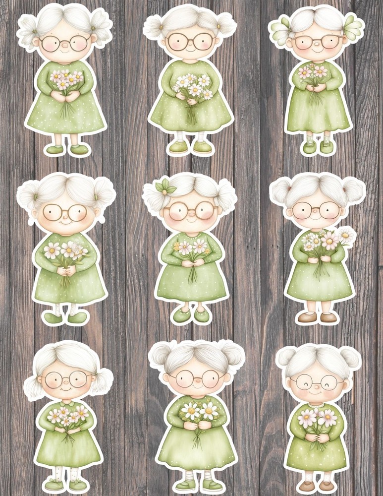 Cute Little Granny Die Cut Vinyl Stickers Set Scrapbooking Laptop Waterbottle