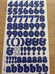 Vtg Blue Alphabet Stickers 8 Sheets Used Capital Lower Case Numbers Exclamation