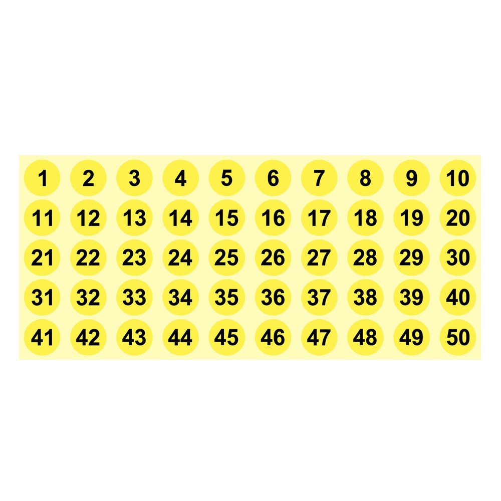 1 to 50 Number Stickers 1 Inch, Vinyl Round Labels Dot Decals, Yellow