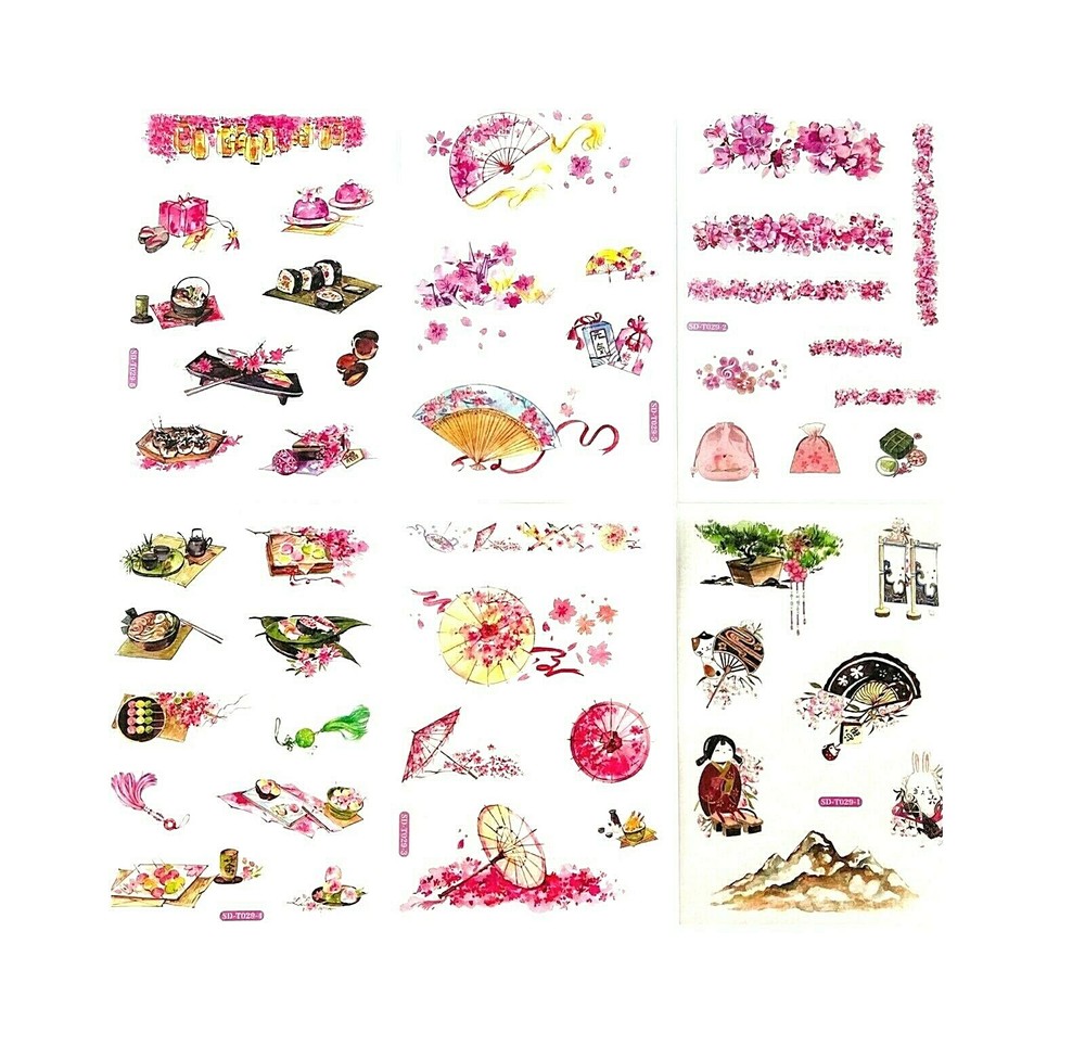 6 Sheets Stickers Washi Japan Sakura Flowers Oriental Scrapbooking Card Making